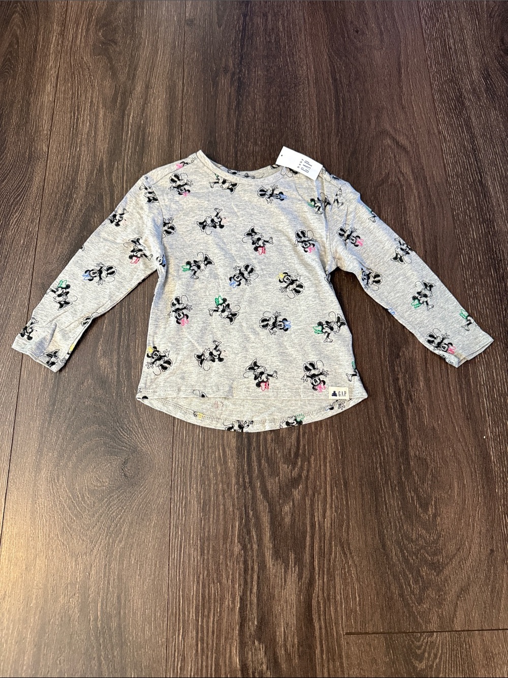 GAP Light Gray Long-Sleeve Top with Minnie Mouse Print, Size 2